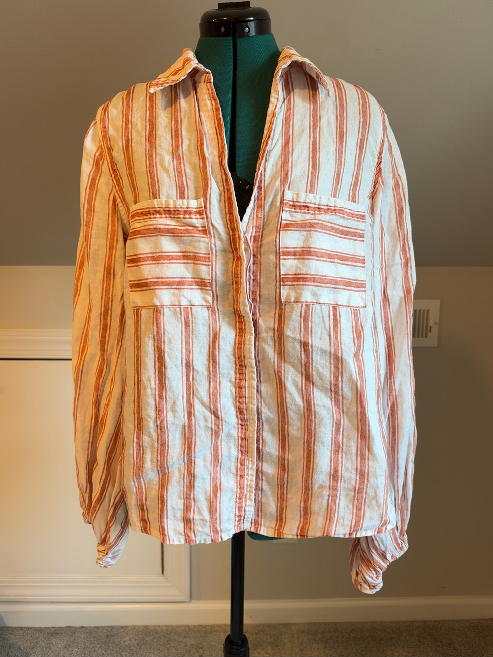 Women’s White and Orange Striped Button-Down Shirt